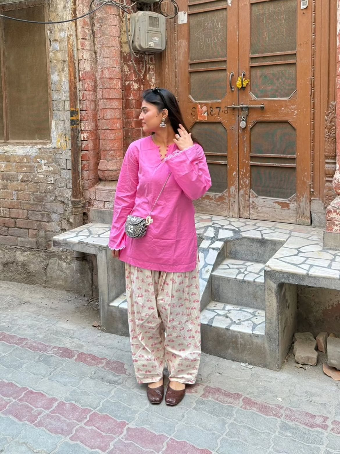 Pink Bloom Cotton Kurta with Printed Pants Set
