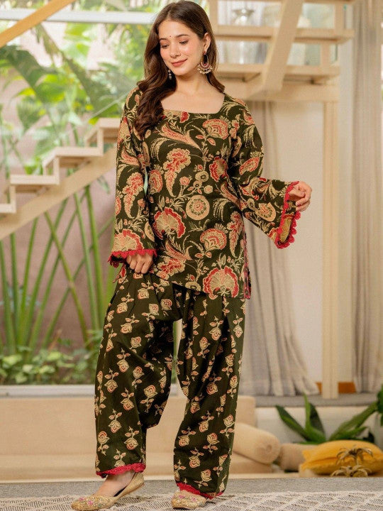 Women Flower Printed Regular Pure Cotton Kurta With Farshi Suit Set