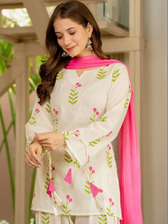 Iovry Pink Floral Printed Regular Pure Cotton Farshi Suit Set