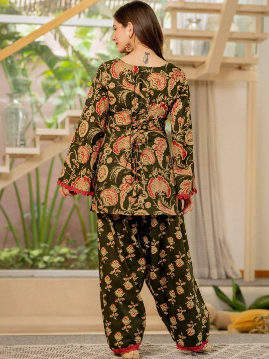 Women Flower Printed Regular Pure Cotton Kurta With Farshi Suit Set