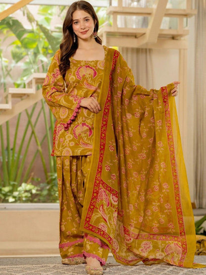 Women Flower Printed Regular Pure Cotton Kurta With Farshi Suit Set