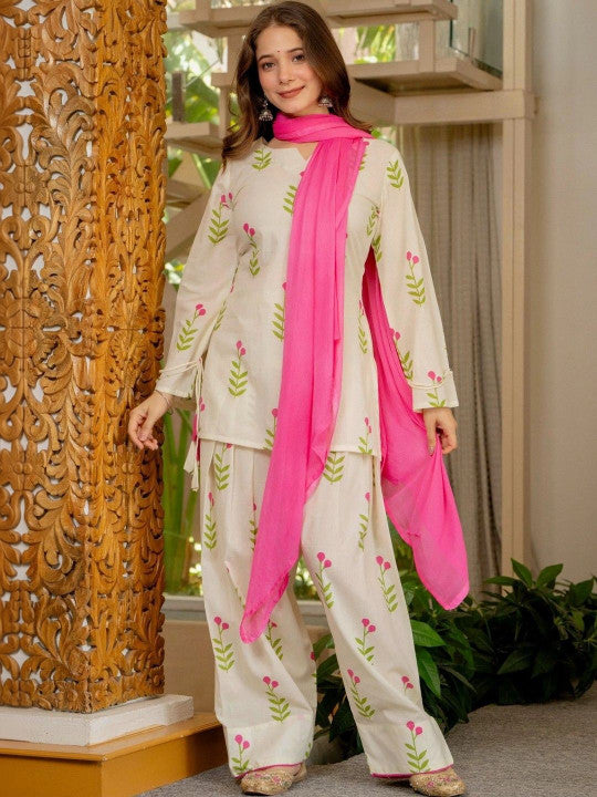 Iovry Pink Floral Printed Regular Pure Cotton Farshi Suit Set