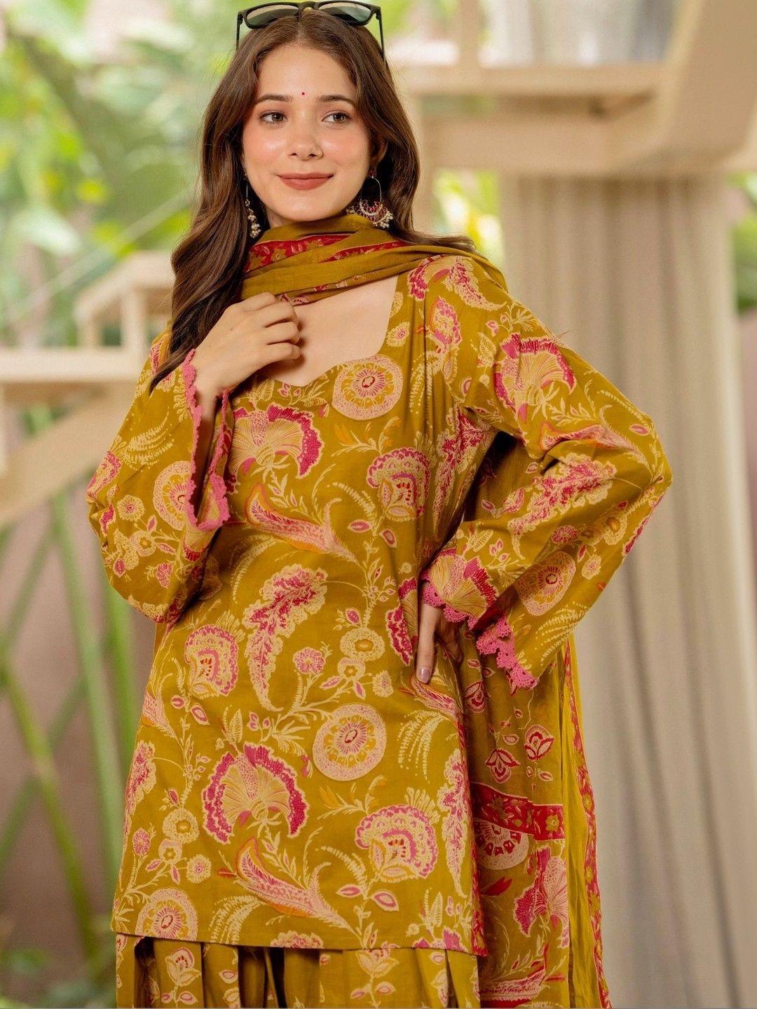 Women Flower Printed Regular Pure Cotton Kurta With Farshi Suit Set