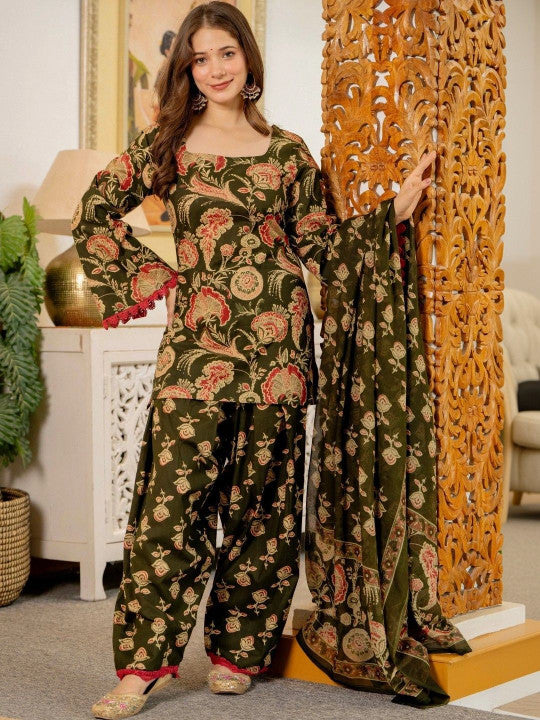Women Flower Printed Regular Pure Cotton Kurta With Farshi Suit Set